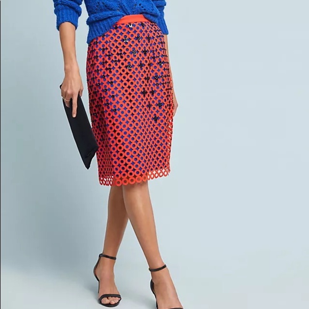 Anthropologie Red and Blue Laser-Cut Midi Skirt - Picture 2 of 5